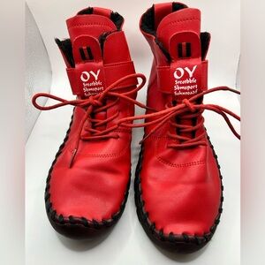 OY Streetwear Red Fur Lined Combat Boots EU 38 US 7.5 Chunky